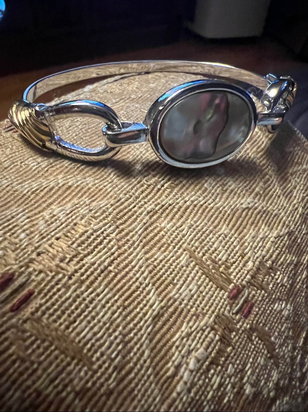 NIB Avon abalone silver and gold tone hook bangle bracelet